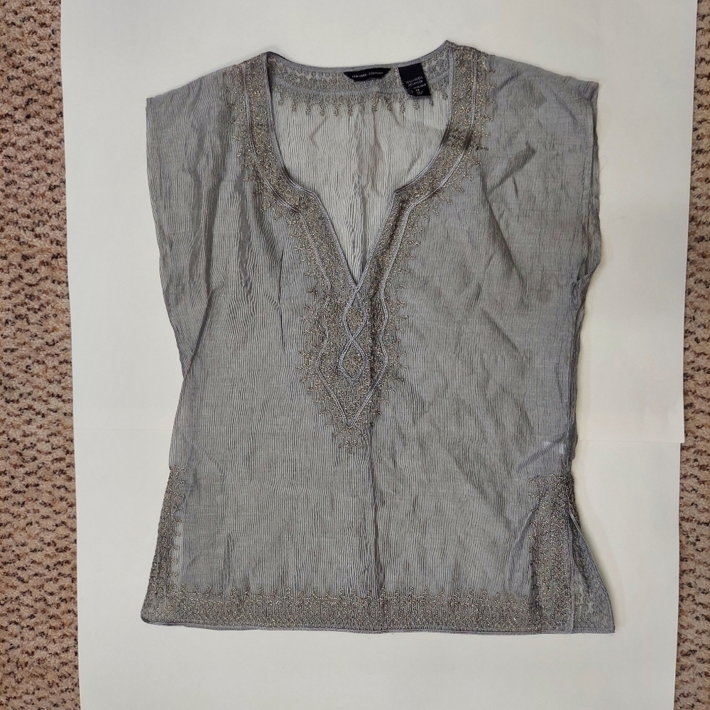 New York & Company Womens M Tunic Top Shirt Silver Stripes with Gold Embroidery
